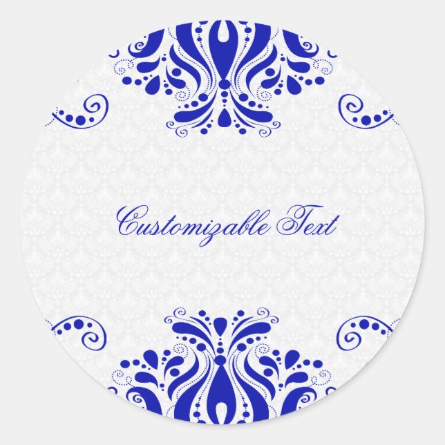 Elegant Royal Blue Floral Lace 2 & White Damasks Classic Round Sticker (Front)