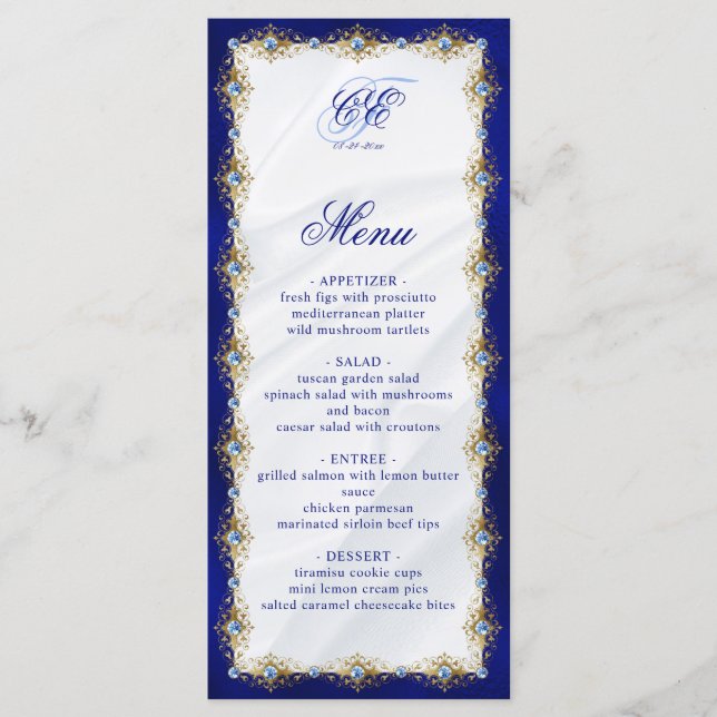 Elegant Royal Blue Floral Monogram Wedding Menu (Front)
