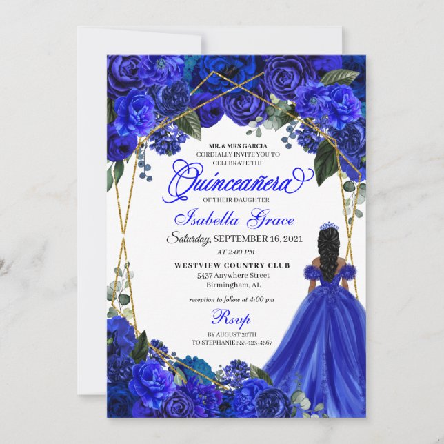 Elegant Royal Blue Floral Quinceanera Birthday  In Invitation (Front)