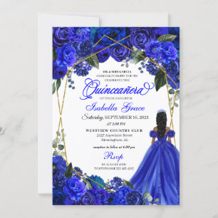 Elegant Royal Blue Floral Quinceanera Birthday In Invitation