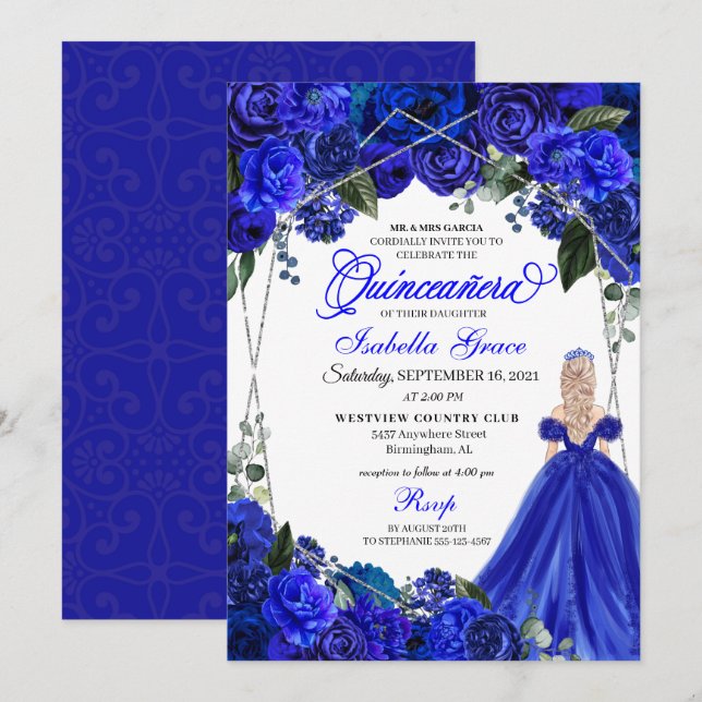 Elegant Royal Blue Floral Quinceanera Birthday Inv Invitation (Front/Back)