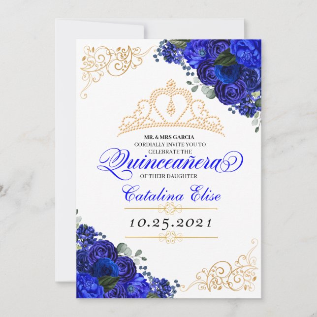 Elegant Royal Blue Floral Quinceanera Birthday Invitation (Front)