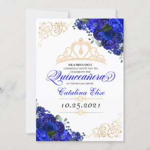 Elegant Royal Blue Floral Quinceanera Birthday Invitation