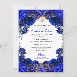 Elegant Royal Blue Floral Quinceanera Birthday Invitation