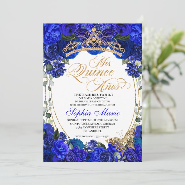 Elegant Royal Blue Floral Quinceanera Birthday Invitation (Standing Front)