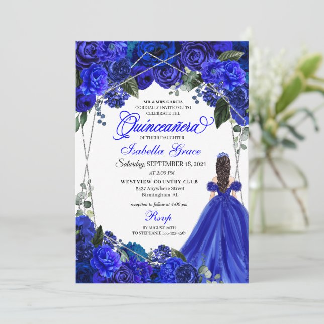 Elegant Royal Blue Floral Quinceanera Birthday Invitation (Standing Front)