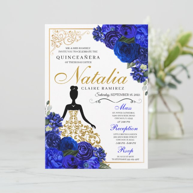 Elegant Royal Blue Floral Quinceanera Birthday Invitation (Standing Front)