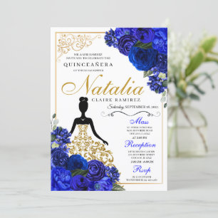 Elegant Royal Blue Floral Quinceanera Birthday Invitation