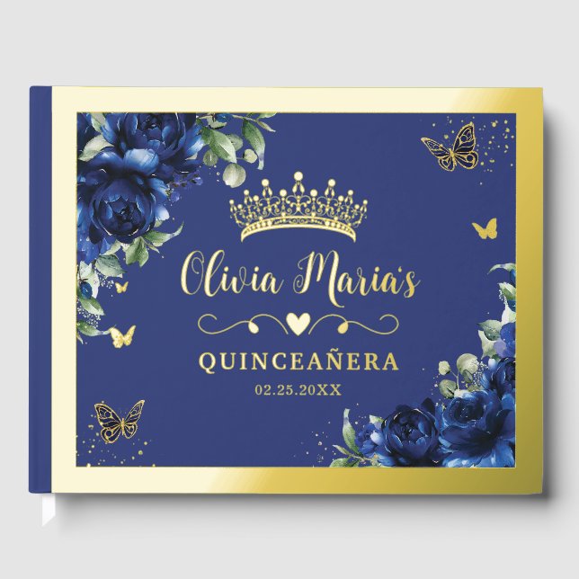Elegant Royal Blue Floral Quinceanera Sweet 16   Guest Book (Front)