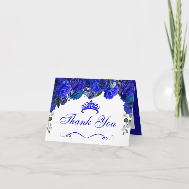 Elegant Royal Blue Floral Quinceanera Thank You Invitation (Front)