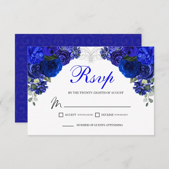 Elegant Royal Blue Floral RSVP Enclosure Card (Front/Back)