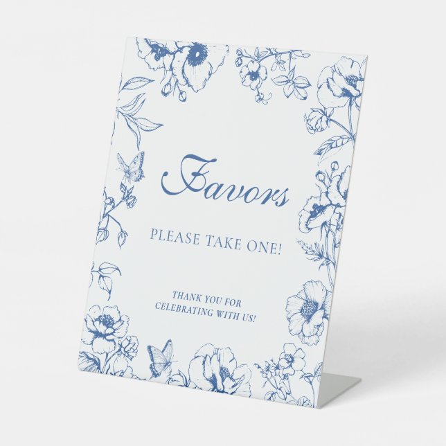Elegant Royal Blue Floral Wedding Favors Pedestal Sign (Front)