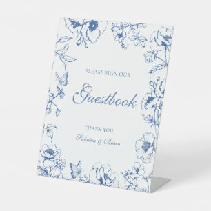 Elegant Royal Blue Floral Wedding Guestbook Pedestal Sign