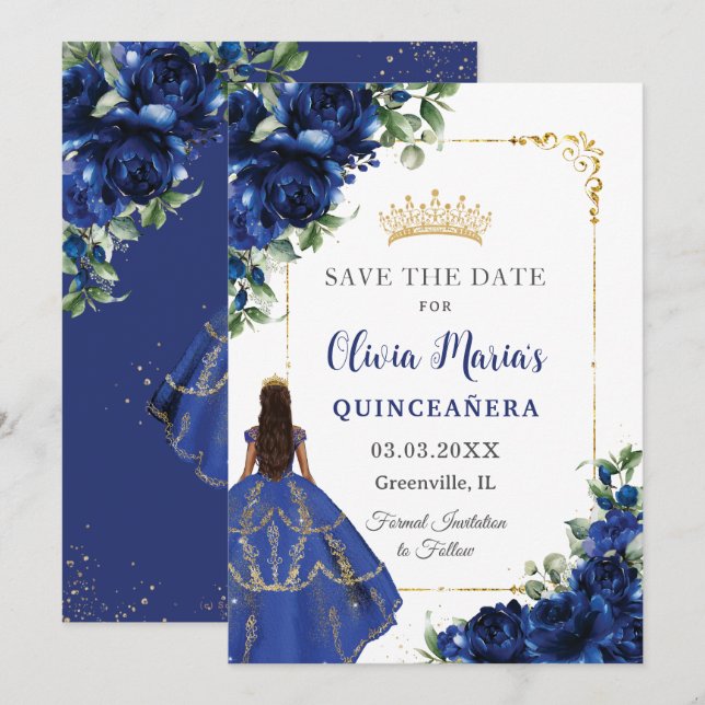 Elegant Royal Blue Flowers Princess Quinceañera  Save The Date (Front/Back)