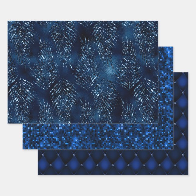 Elegant Royal Blue Glitter Glam Patterns Wrapping Paper Sheet (Set)