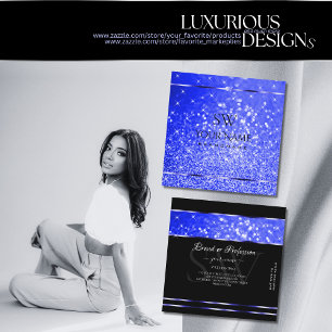 Elegant Royal Blue Glitter Luminous Stars Initials Square Business Card