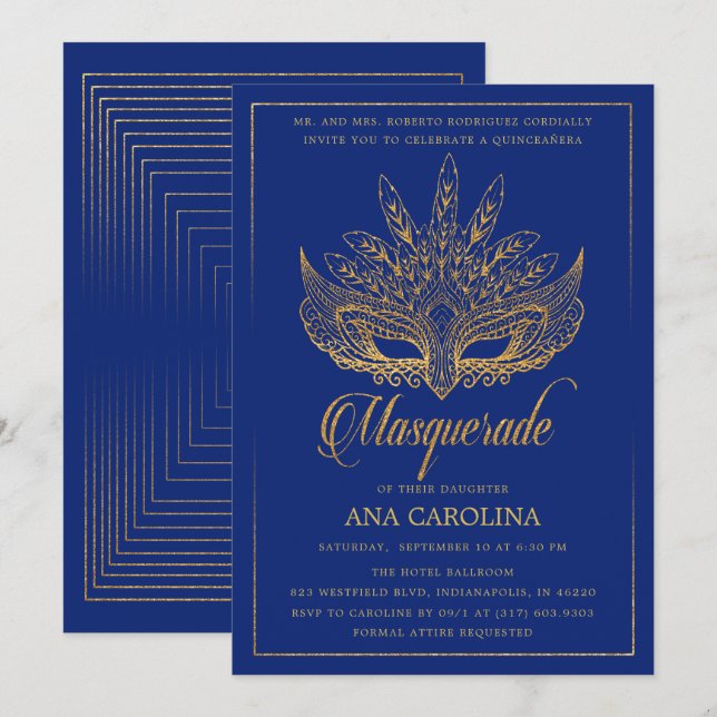 Elegant Royal Blue Glitter Masquerade Quinceañera Invitation (Front/Back)
