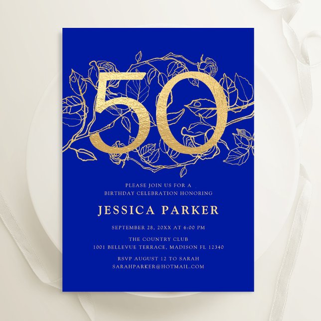 Elegant Royal Blue Gold 50th Birthday Invitation (Creator Uploaded)