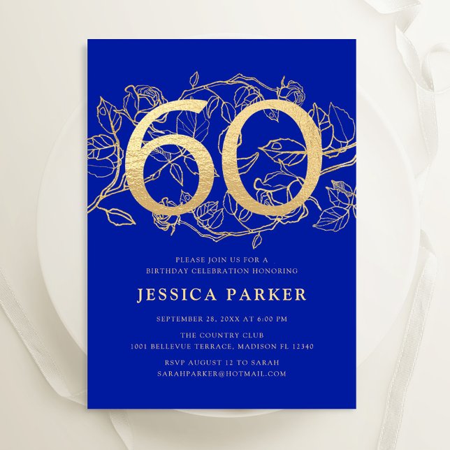 Elegant Royal Blue Gold 60th Birthday Invitation (Creator Uploaded)