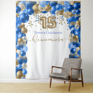 Elegant Royal Blue Gold Balloon Arch Quinceanera Tapestry