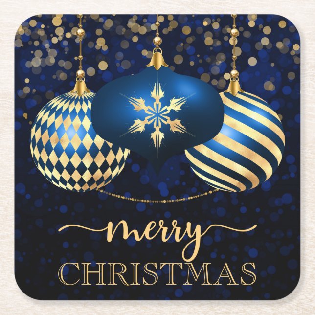 Elegant Royal Blue & Gold Baubles Merry Christmas Square Paper Coaster (Front)