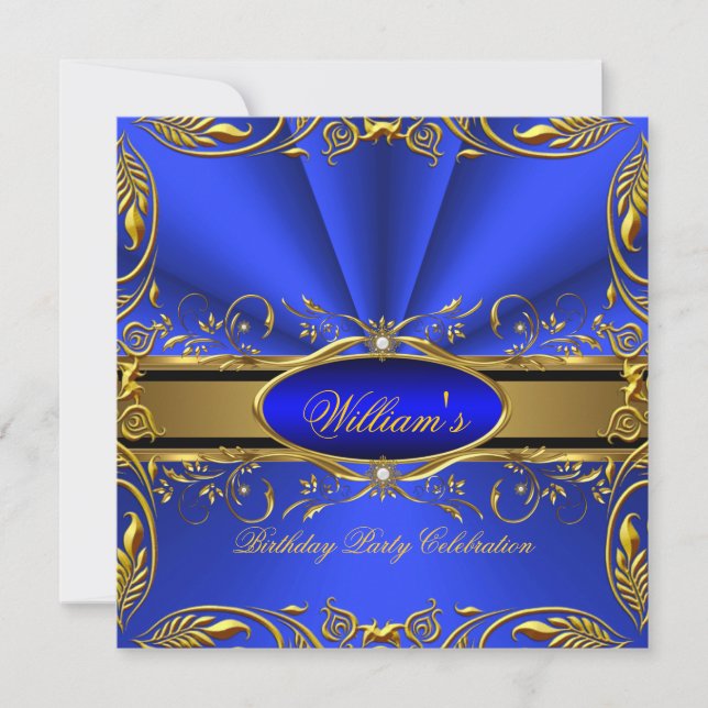 Elegant Royal Blue Gold Birthday Party Floral 2 Invitation (Front)