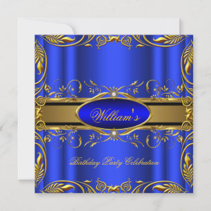 Elegant Royal Blue Gold Birthday Party Floral 3 Invitation