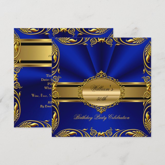 Elegant Royal Blue Gold Birthday Party Floral Invitation (Front/Back)