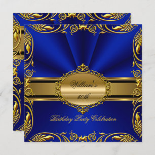 Elegant Royal Blue Gold Birthday Party Floral Invitation