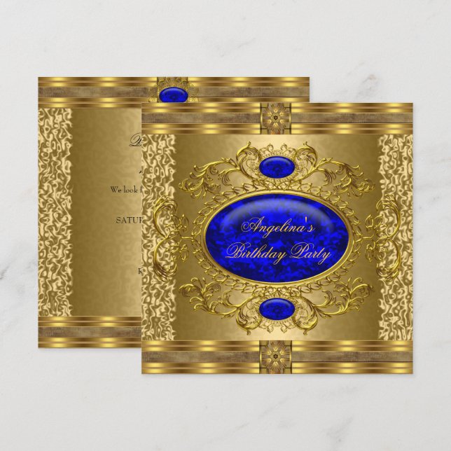 Elegant Royal Blue Gold Birthday Party Invitation (Front/Back)