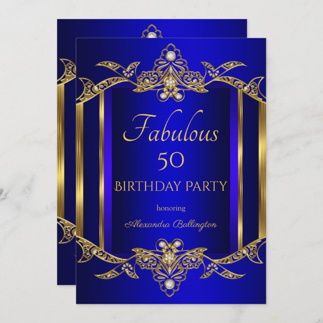 Elegant Royal Blue Gold Birthday Party Invitation (Front/Back)