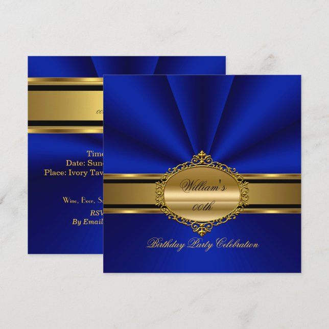 Elegant Royal Blue Gold Birthday Party Mens Mans Invitation (Front/Back)
