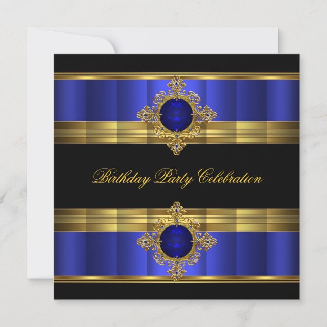 Elegant Royal Blue Gold Black Birthday Party Invitation (Front)