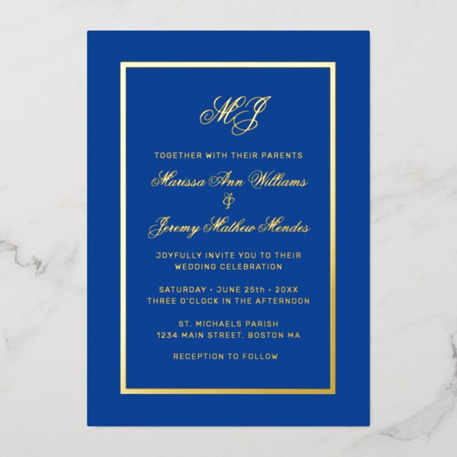 Elegant Royal Blue Gold Calligraphy Script Wedding (Front)