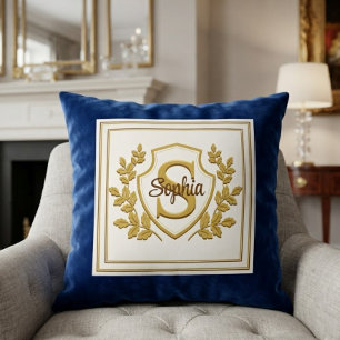 Elegant Royal Blue & Gold Crest Monogram Name Cushion