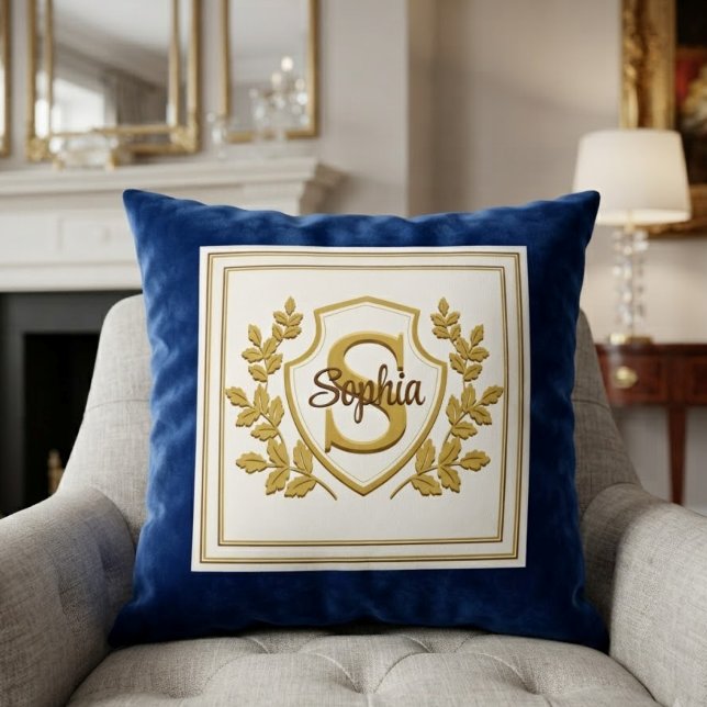 Elegant Royal Blue & Gold Crest Monogram Name Cushion (Creator Uploaded)