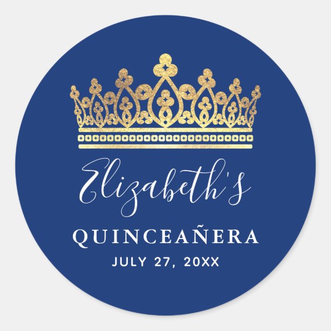 Elegant Royal Blue Gold Crown Quinceanera Classic Round Sticker (Front)