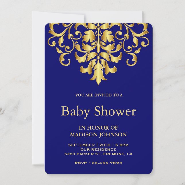 Elegant Royal Blue Gold Damask Baby Shower Invitation (Front)