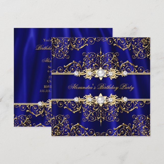 Elegant Royal Blue & Gold Damask Birthday Party Invitation (Front/Back)