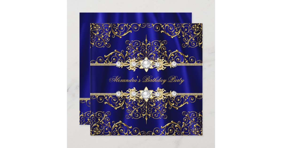 Elegant Royal Blue & Gold Damask Birthday Party Invitation Zazzle