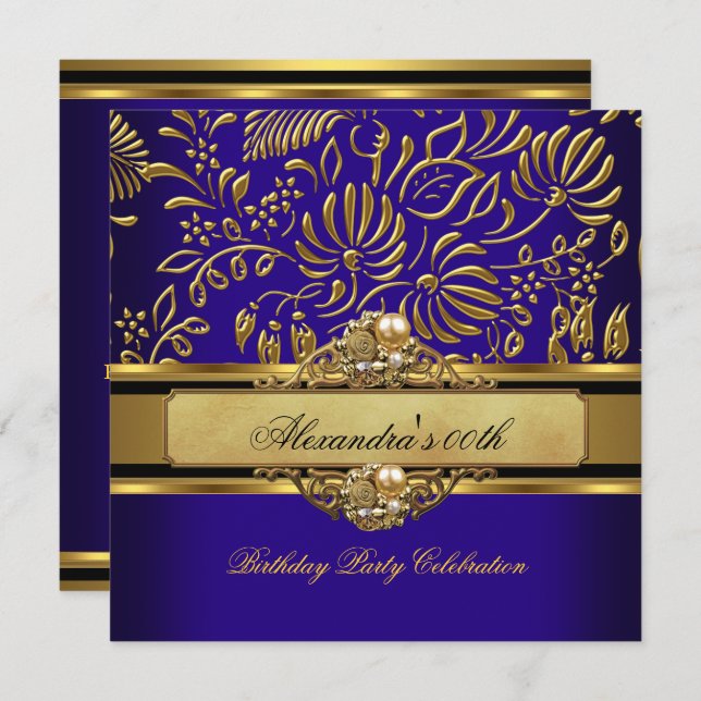 Elegant Royal Blue Gold Damask Pearl Party Invitation (Front/Back)
