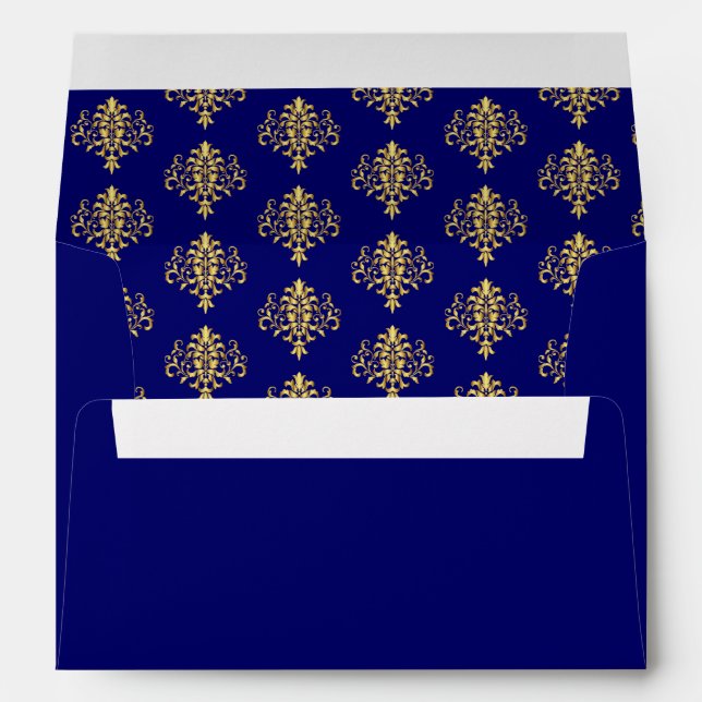 Elegant Royal Blue Gold Damask Wedding Envelope (Back (Bottom))