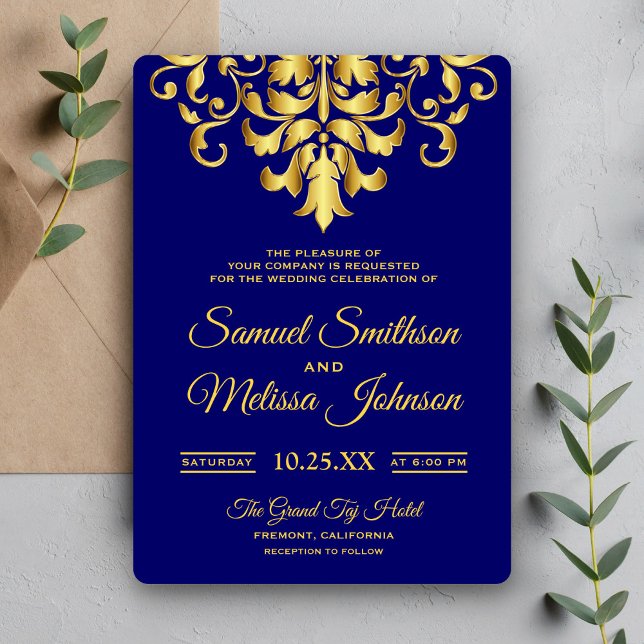 Elegant Royal Blue Gold Damask Wedding Invitation (Creator Uploaded)