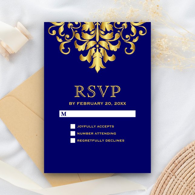 Elegant Royal Blue Gold Damask Wedding RSVP Card (Creator Uploaded)