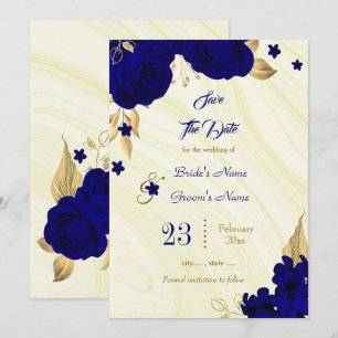 elegant royal blue gold floral leaves save the date