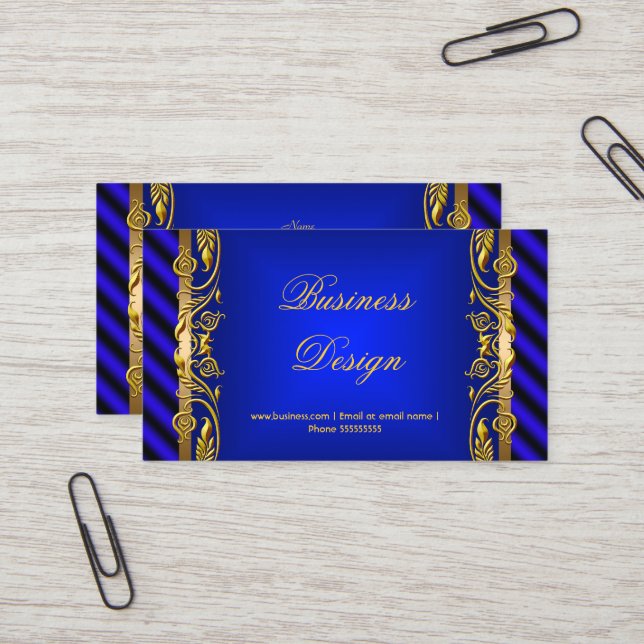 Elegant Royal Blue Gold Floral Ripple Business Card (Front/Back In Situ)