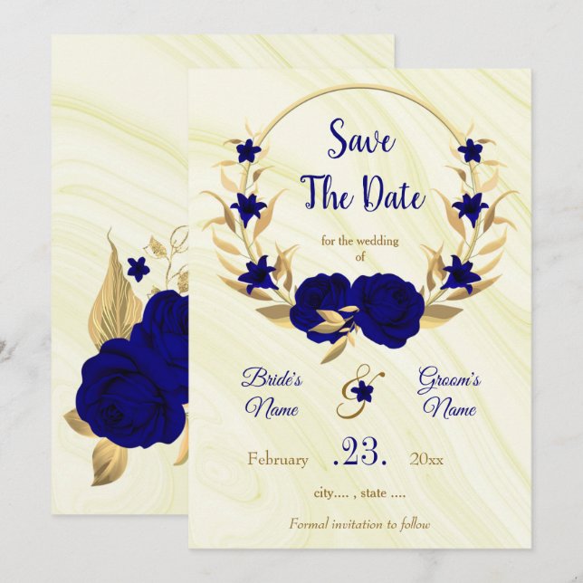 elegant royal blue gold floral wreath save the date (Front/Back)