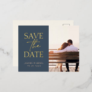 Elegant Royal Blue Gold Foil Photo Holiday Postcard
