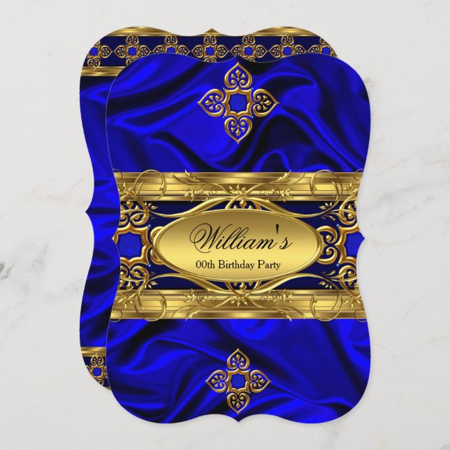 Elegant Royal Blue Gold Gems Silk Birthday Party 2 Invitation (Front/Back)