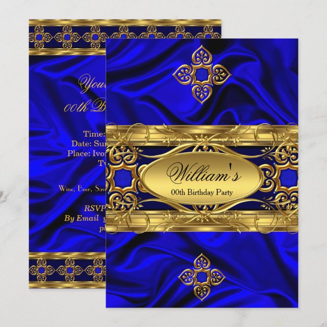 Elegant Royal Blue Gold Gems Silk Birthday Party 2 Invitation (Front/Back)
